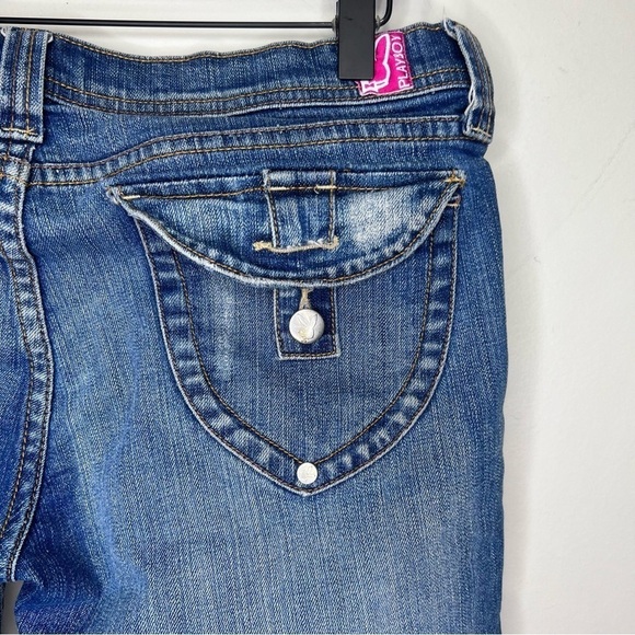 Y2K Vintage Playboy Denim Capris Button Detail Casual Denim Cropped Distressed - Picture 11 of 14